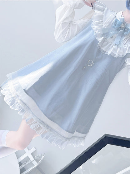 ジライケイ ライトブルー レースパッチショルダー ランドマインスタイル レーストリム ロングスリーブドレス