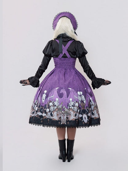 Purple Skeleton Cross Print Under Bust Gothic Lolita Dress with Black Lace Trim - NnSTAR