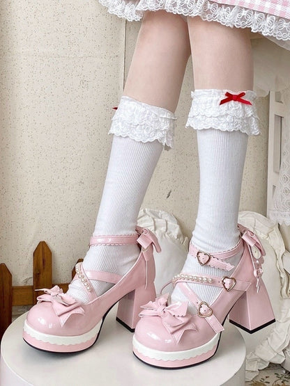 Shoes at - High Bow Platform Sweet PU Straps Lolita Top Beaded Block Decor Crisscross Heel Pink