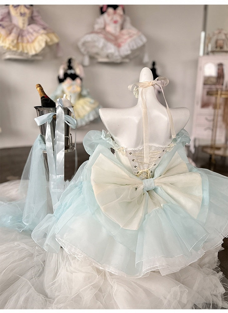 Grünes Mieder-Korsett-Oberteil mit Schleifenverzierung und bauschigem Rock, gelbes Balletcore-Set