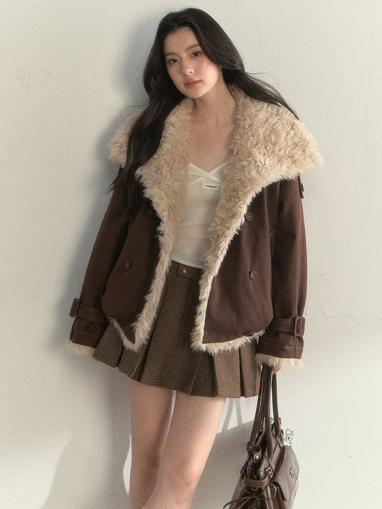 Vintage Double-sided with Brown Cuffs Faux Buckle Jacket Fur