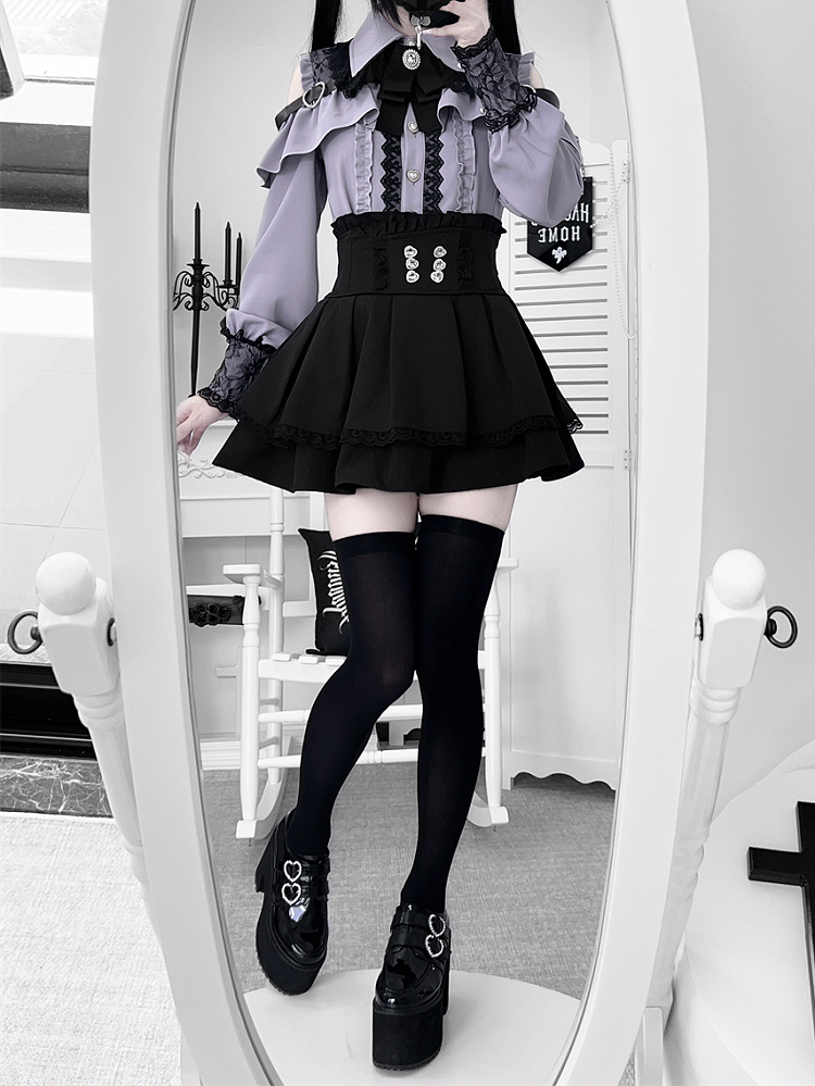 | Shoulder Kei Cutout Blouse with Dusty Purple Heart Decorative Look Buckle Jirai