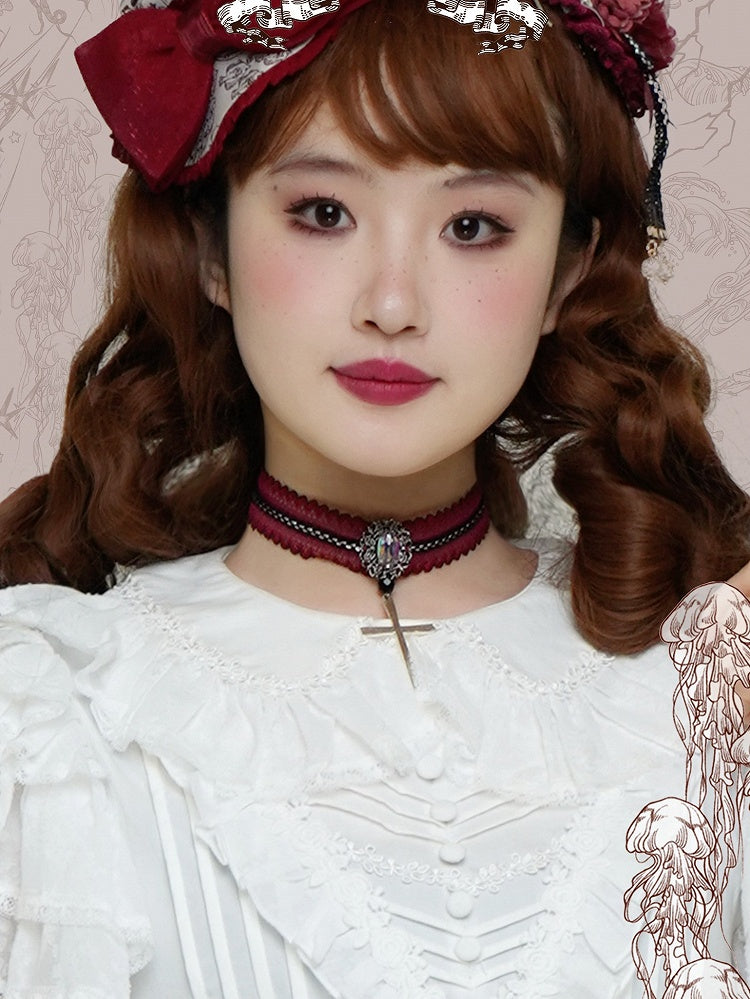 Cross Rhinestone-Accented with Pendant Lace Blue/Black/Red Choker Dark