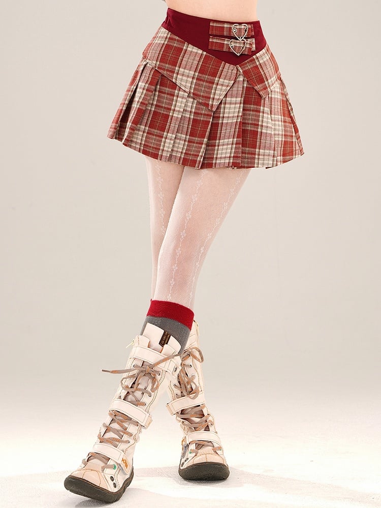 Red/Blue Buckle Pleated Plaid Skirt Mini Waist High Straps
