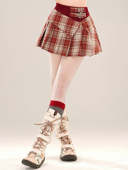 Red/Blue Buckle Pleated Plaid Skirt Mini Waist High Straps