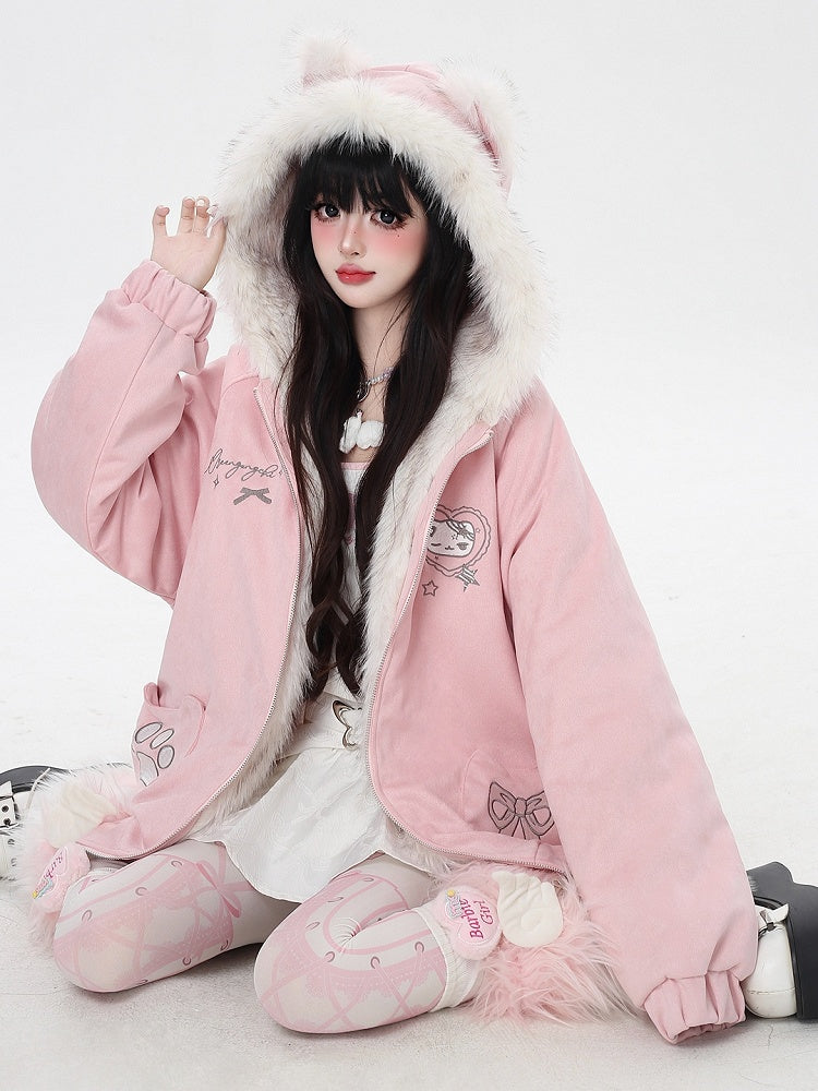 Pocket Kitty Hood Bittersweet Paw Bow Hooded - Ear Embroidery Fleece with Jacket Black/Pink