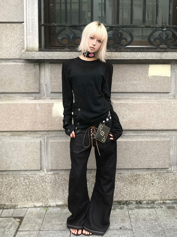 Black Button Details Crewneck Sweatshirt with in