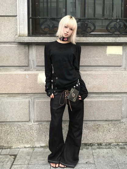 Black Button Details Crewneck Sweatshirt with in