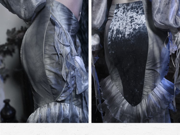 Staubblauer Rüschenvolant-Knierock „Corpse Bride“ im Gothic-Stil