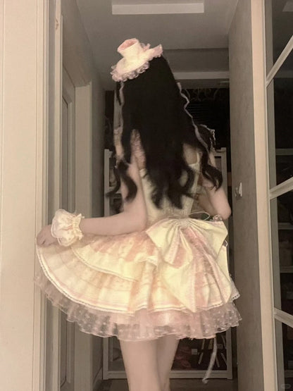 Polka-dot Heart Sweet Ruffled Heart Front Yellow Pink Lolita Dress Pattern