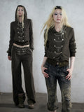 Khaki Green Double-Breasted Hooded Jacket with Chain Embroidery Details, Punk Fashion - NO ROMANCE