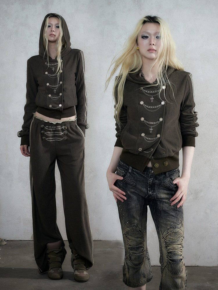 Khaki Green Double-Breasted Hooded Jacket with Chain Embroidery Details, Punk Fashion - NO ROMANCE