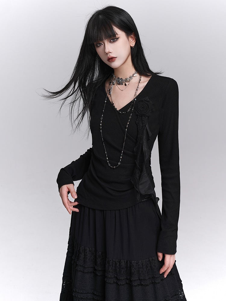 3D with Rose Ruched Top Black Gothic Sleeve Ribbon V-Neck Detail Long