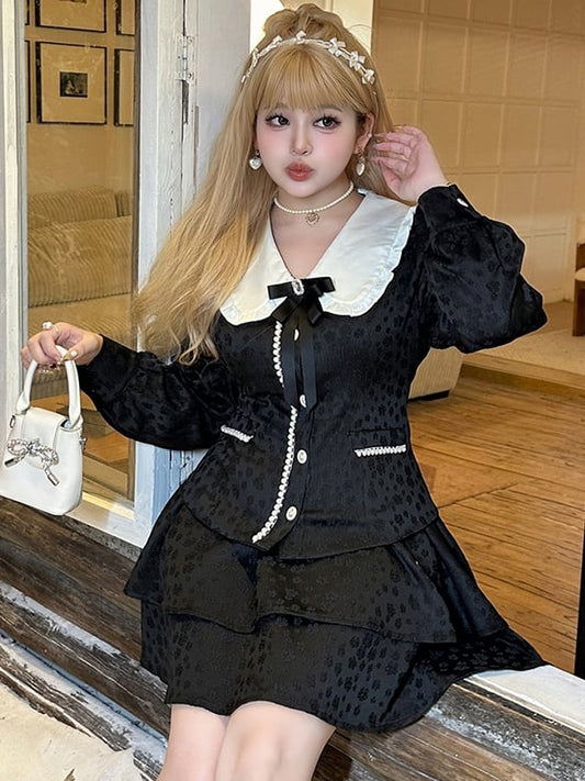 プラスサイズ ブラック ピーターパンカラー ジャカード ブラウス