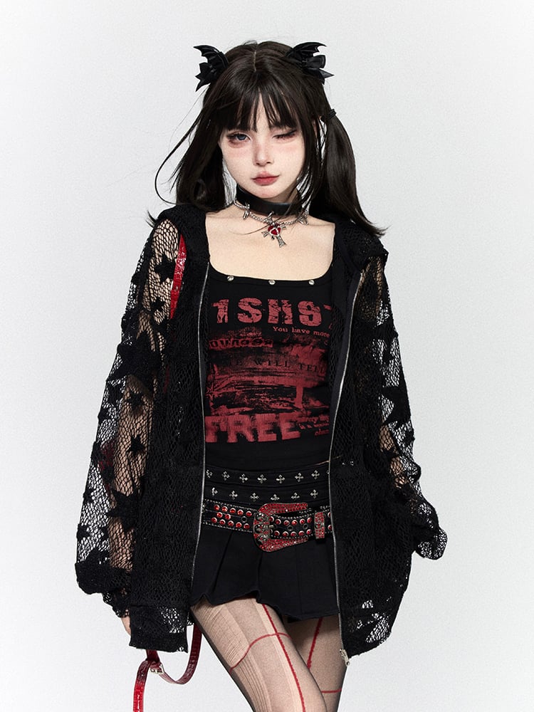 Jacket Patterns Placket Hoodie Star Black with Hollow-out Zip