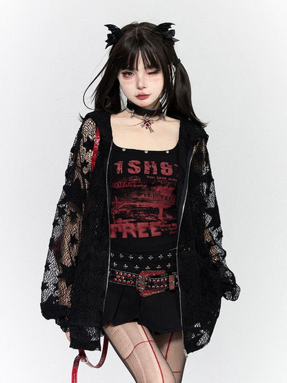 Jacket Patterns Placket Hoodie Star Black with Hollow-out Zip