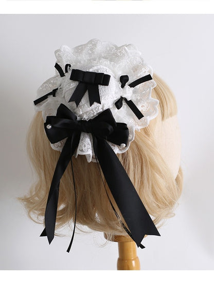 Lolita Bowknot Beaded Lace Sweet Decorated Mini Details BlackWhite Trim Hat