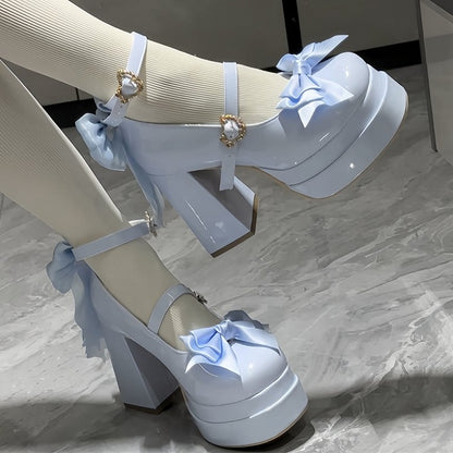 in Toe Lolita Sweet with Bow Platform Round - Detail PU Mary Blue Janes Sky