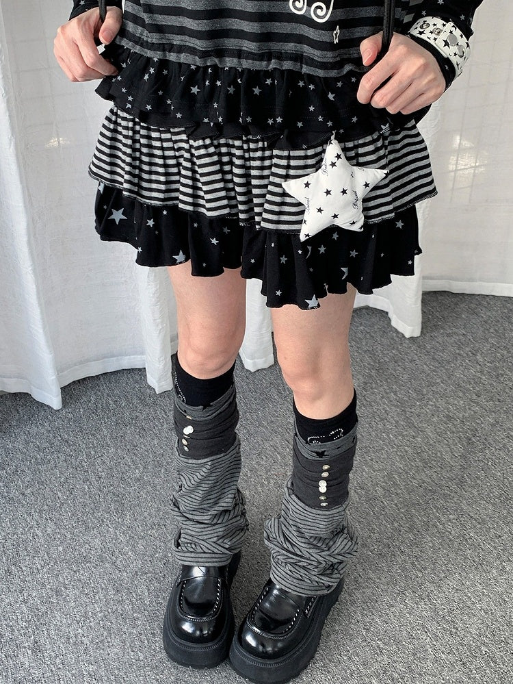 Two-Color Layered Ruffle Star and Stripe Skirt Set with Pendant - Solkatt