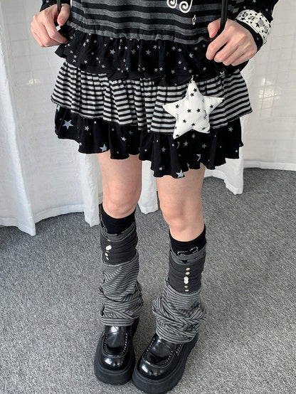 Two-Color Layered Ruffle Star and Stripe Skirt Set with Pendant - Solkatt