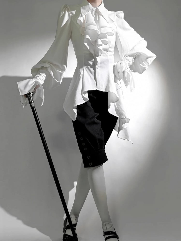 Pointed Foldover Collar Gothic Shirt Long Jabot Ouji Lolita White Sleeves