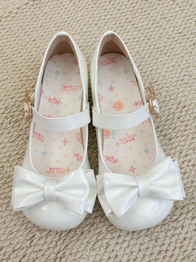in PU Decorative Bow with Rabbit-shaped Toe and Round Low-heel Shoes Clasp White