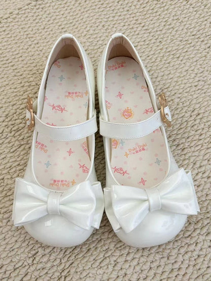 in PU Decorative Bow with Rabbit-shaped Toe and Round Low-heel Shoes Clasp White