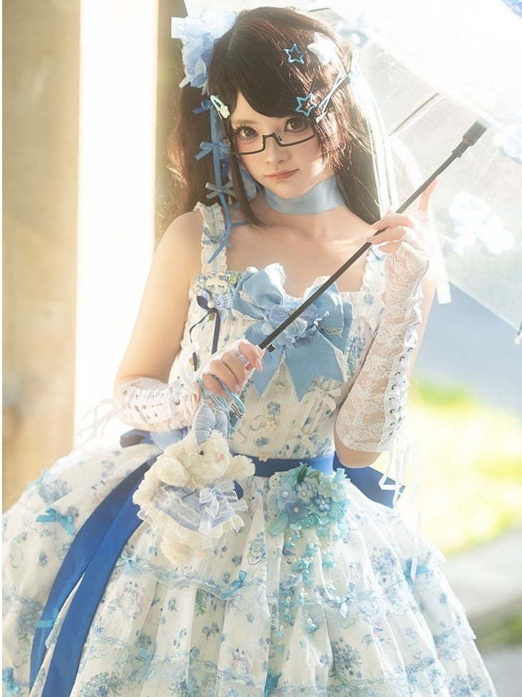 Blue & White Floral Print Lace-Up Lolita Dress Set with Bow Train & Floral Accents - signorina