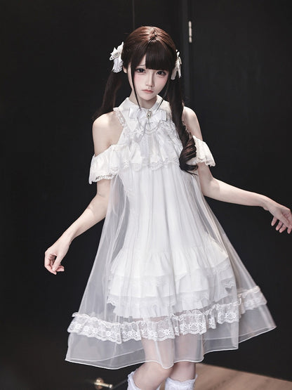 White Landmine Style Cutout Shoulder Dress with Sheer Overlay, Lace and Bow Tie - Ekomi