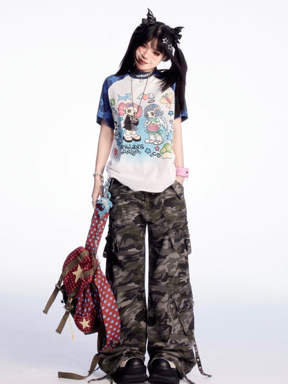 Cargohose mit weitem Bein, niedrige Taille in Camouflage, Vintage