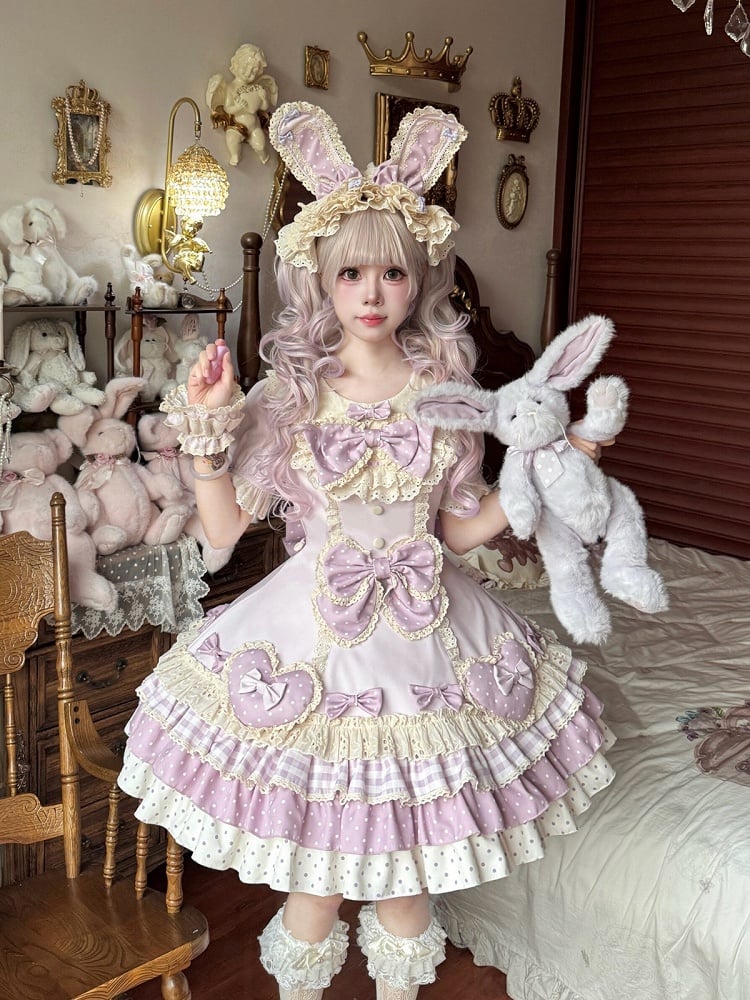 Purple Tiered Skirt OP Sweet Lolita Gown Accented with Bowknots & Heart Motifs - Sweet Crystal