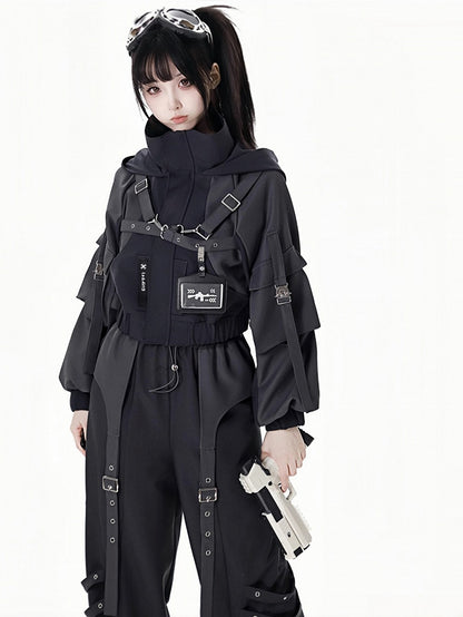 ブラックバックルストラップ、伸縮性のある袖口、ウエストフード付きジャケット、ショート/ロングバージョン