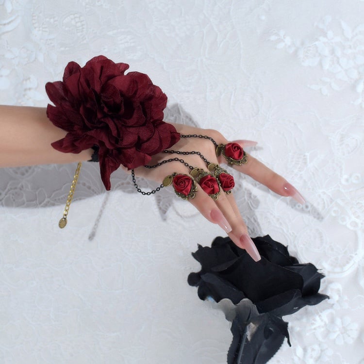 Gothic Lolita Wine Red Rosette Bracelet with Chain