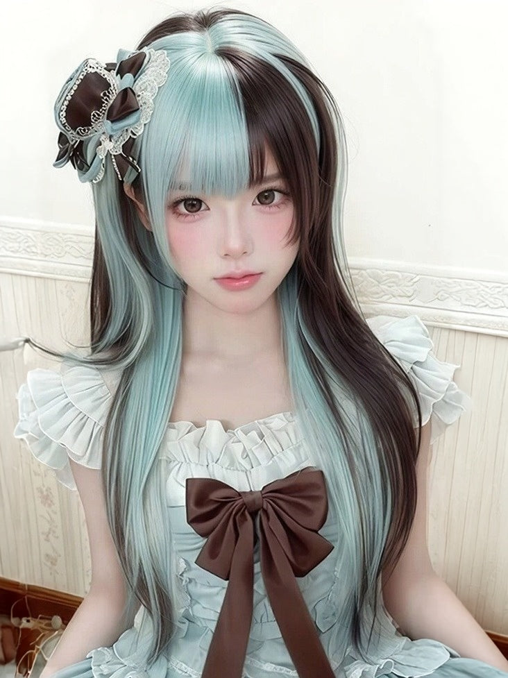 Green & Brown Highlight 60cm Straight Air Bangs Wig - Meow Island Wig