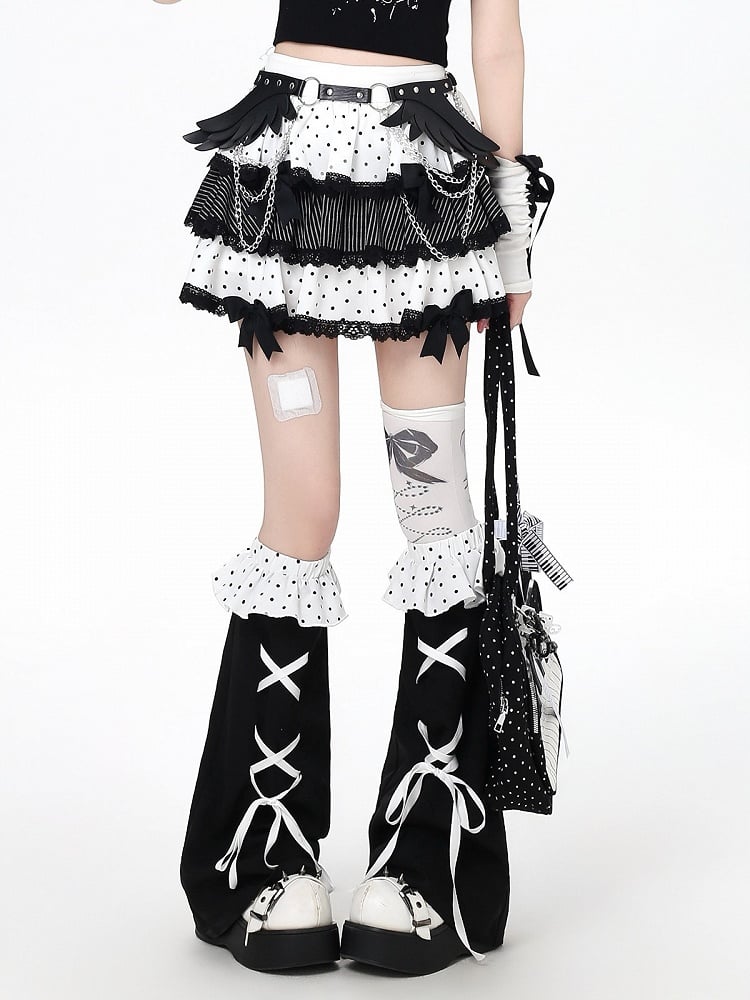White Polka Dot Tiered Skirt with Bow & Lace & Leg Warmers - CRAZY GIRL