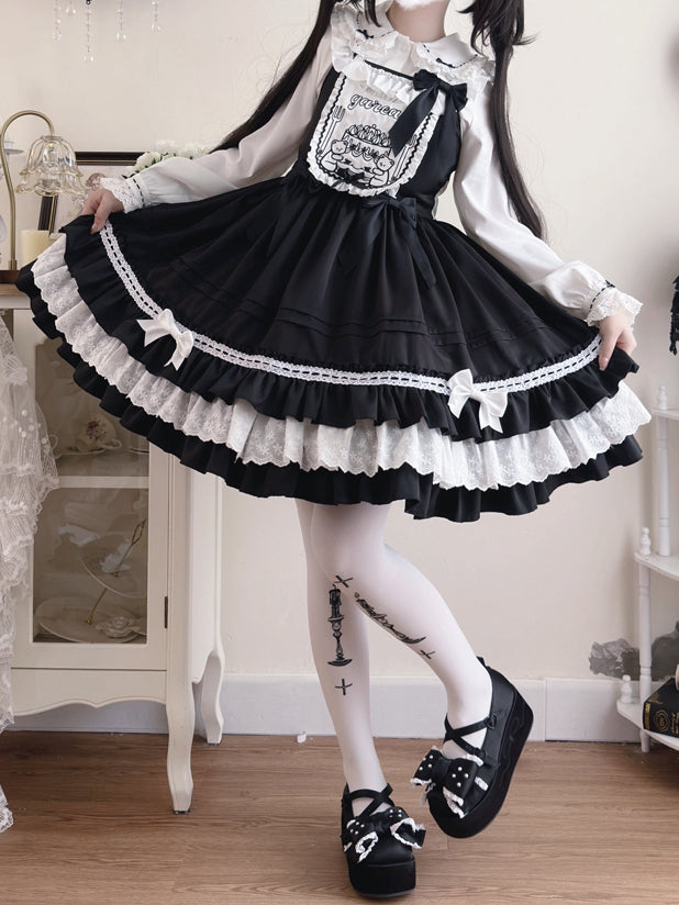Süßes schwarzes Lolita-Kleid mit Teddy-Stickerei-Mieder