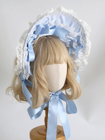Beaded Lolita BlueWhite Bonnet Details Trim Heart Clips With Bowknot Sweet Design Lace