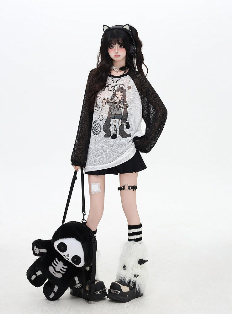 Coverup Colorblock Design Semi-sheer Cartoon Girl Print Black/Pink/Blue