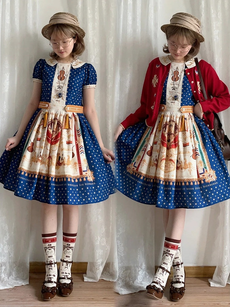 Short Dark Blue Musical Print Peter Pan Collar OP Dress with Tassels - Crucis Universal Tailor Company