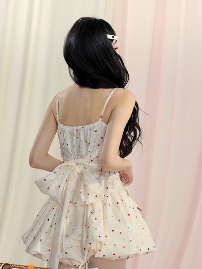 Bow Bubble Polka-Dot Pattern Cami Dress Mini Back Apricot Self-tie Skirt