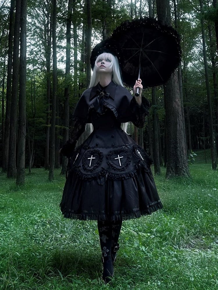 Decoration Ruffle Cross Beaded Lolita Hem Detail with Dress Lace Black and Gothic