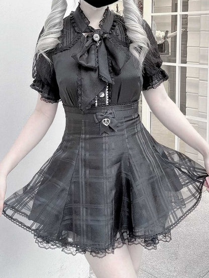 Neckline Chiffon Blouse Black Bow Kei Jirai with and Self-tie Fabric Style Lace