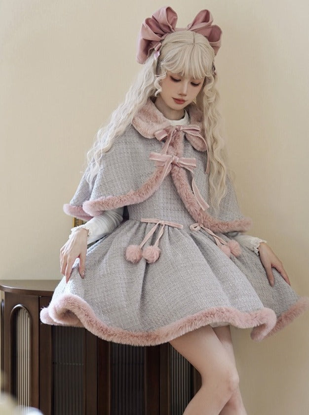 Tweed-Pelzkleid Pelz + süßer Umhang