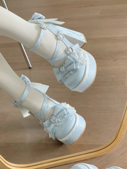 High-heel Toe Shoes Round Bow with Back Detachable Elegant Lolita