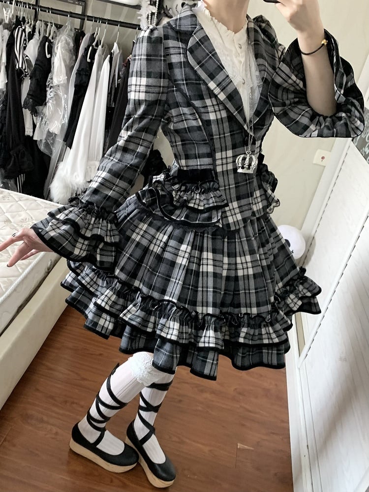 Notched + Old Lolita White Skirt Lapel Plaid - Set Black School Ruffled Blazer