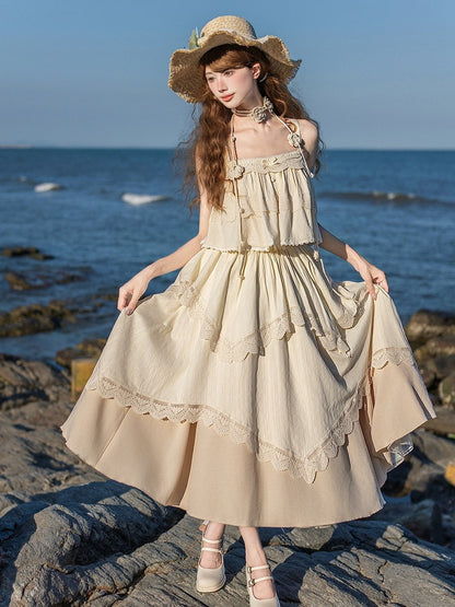 Beige Lace Top & Skirt Set with Brooch & Hat - With PUJI
