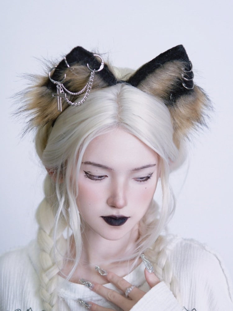 Yellow & Black Gothic Cross Wolf Ear KC with Chain - Strange Sugar