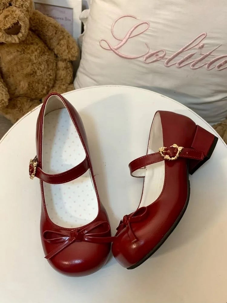 Round Heart-shaped Closure Low-heel Lolita Red Wine Mary with Sweet Janes Snap Toe