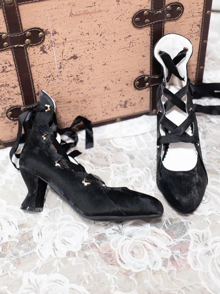 Pointed - High-heel Lace-up Design Lolita Toe Black Shoes Closure Elegant