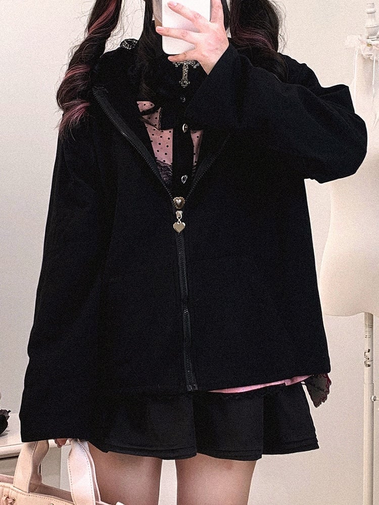 Jirai Crossed Bunny Kei Otaku Hood with Zip-Up Ears Hoodie